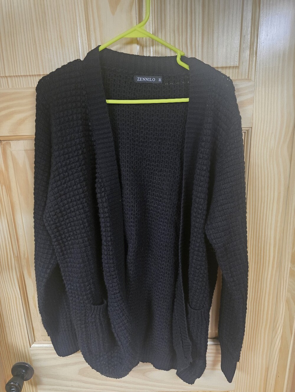 Black Open-Front Waffle Knit Women's Cardigan
